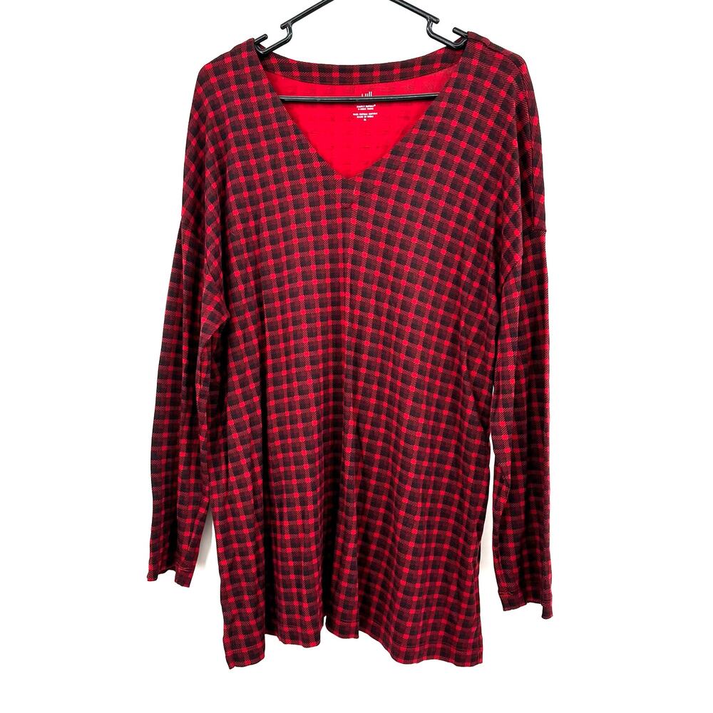 J. Jill Size XL Long Sleeve V-Neck Tunic Red and Black Plaid 100% Supima Cotton